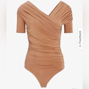 Express Body Contour Compression Silky Ruched Asymmetrical Neck Thong Bodysuit